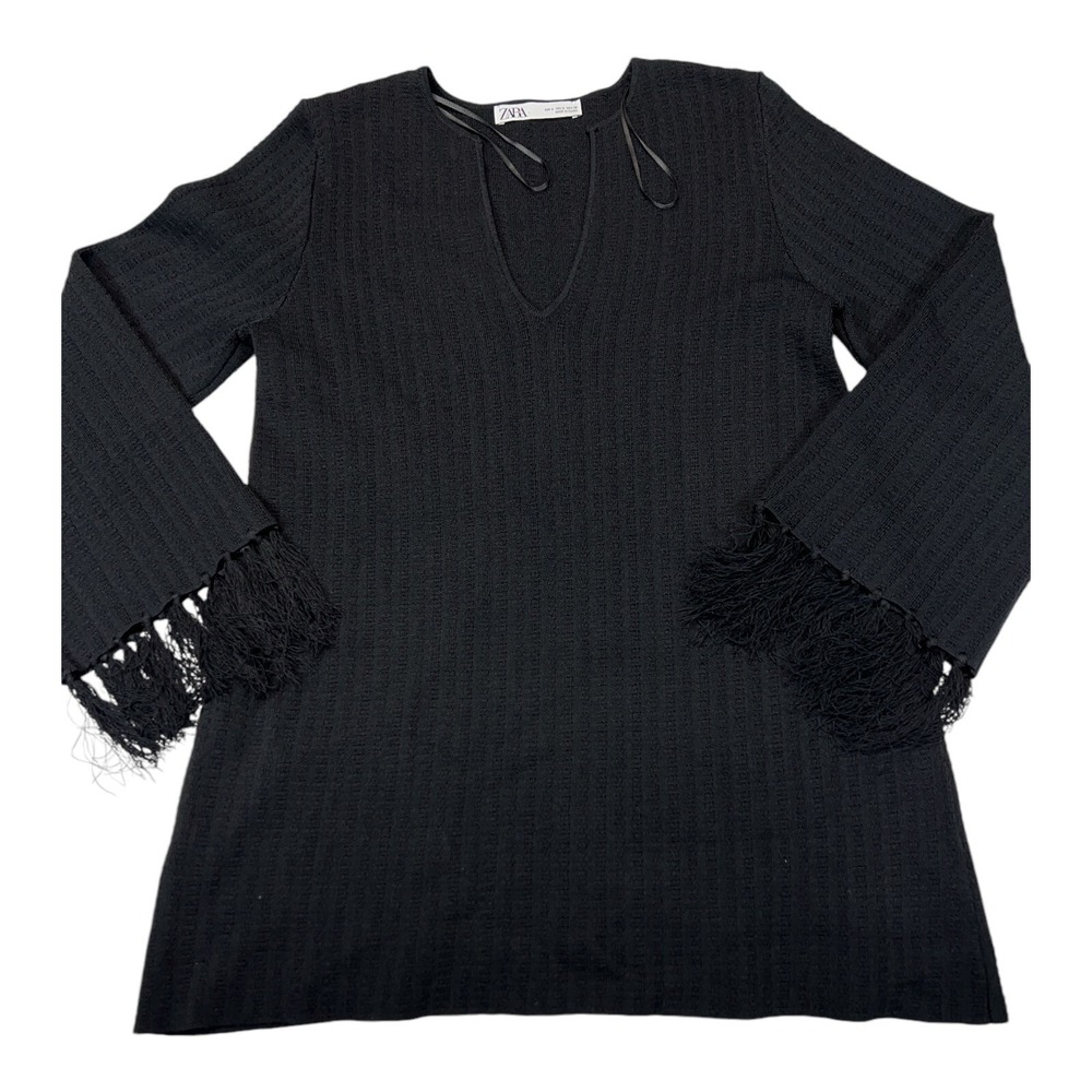 ZARA Womens Black Knit Fringe Mini Dress Bell Sleeve V Neck Boho Festival‎